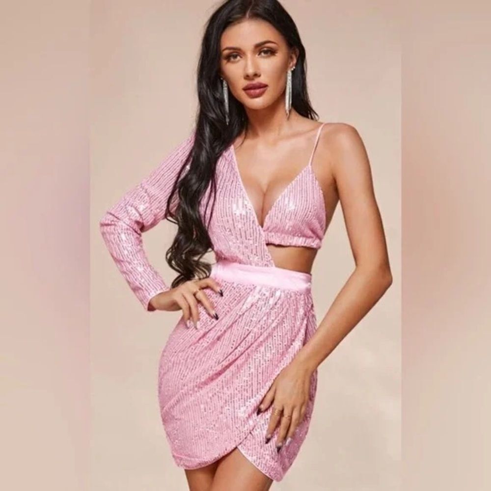 Area Stars Pink Sequin Asymmetric Cut Out Party Mini Dress Size M